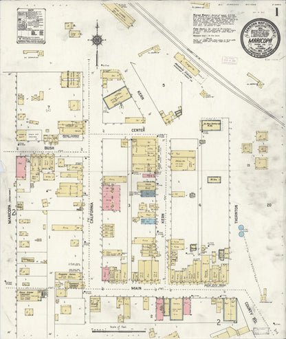 Sanborn Fire Insurance Map from Maricopa, Kern County, California (1911), Sheet #0001 - Complete Map Set gallery image, historic Sanborn map, vintage wall art, California California