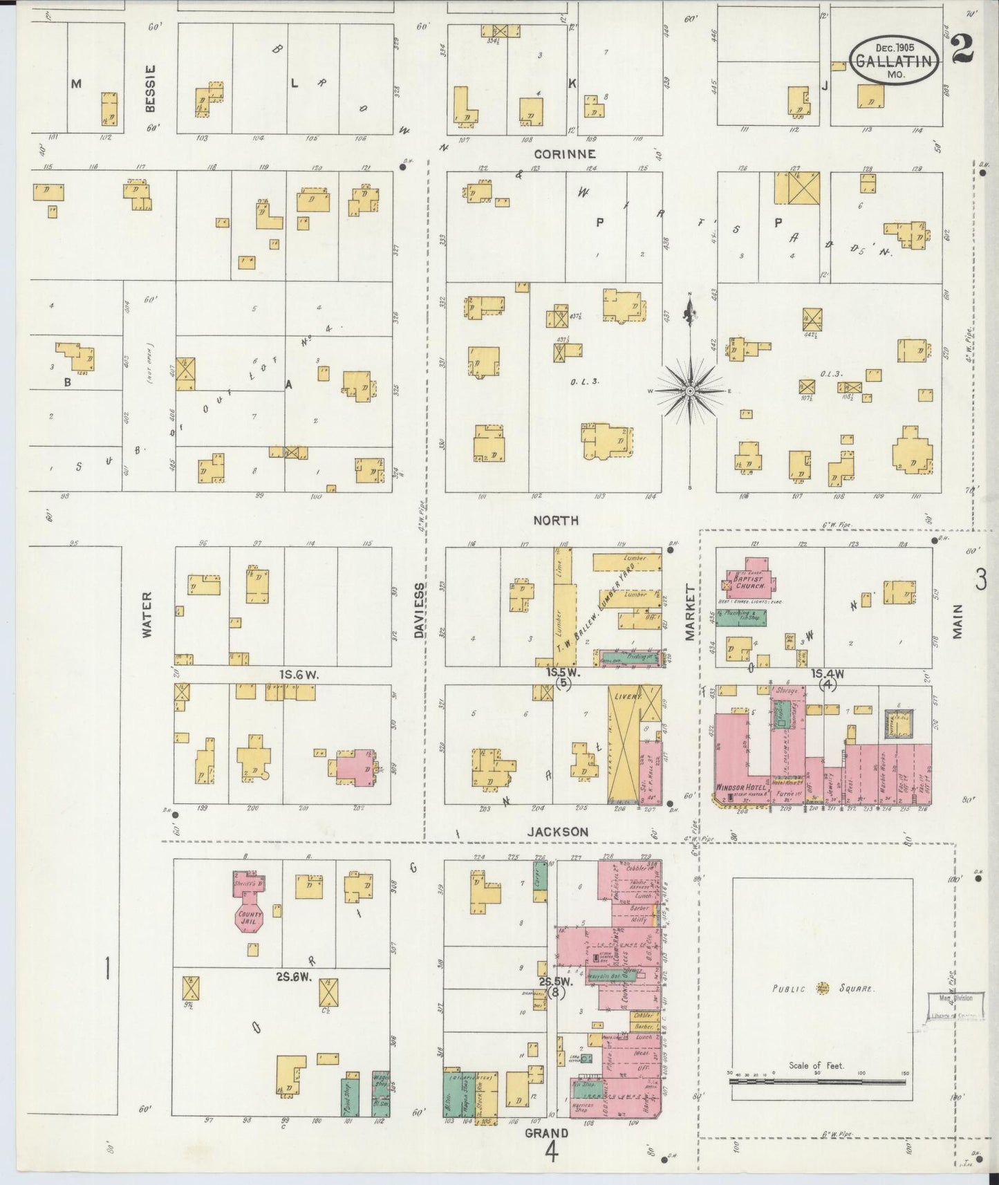 Sanborn Fire Insurance Map from Gallatin, Daviess County, Missouri (1905), Sheet #0002 - Complete Map Set gallery image, historic Sanborn map, vintage wall art, Missouri Missouri