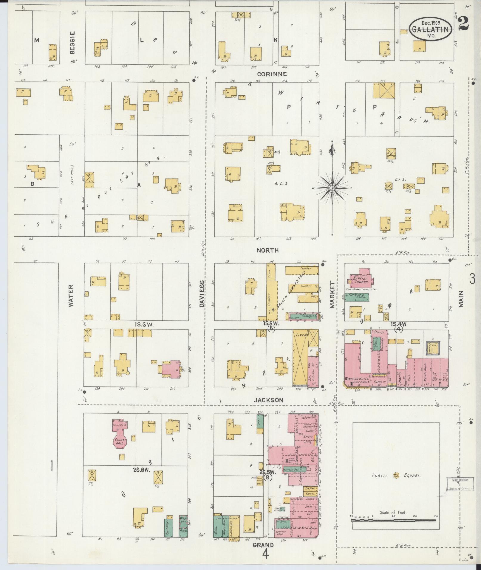 Sanborn Fire Insurance Map from Gallatin, Daviess County, Missouri (1905), Sheet #0002 - Complete Map Set gallery image, historic Sanborn map, vintage wall art, Missouri Missouri