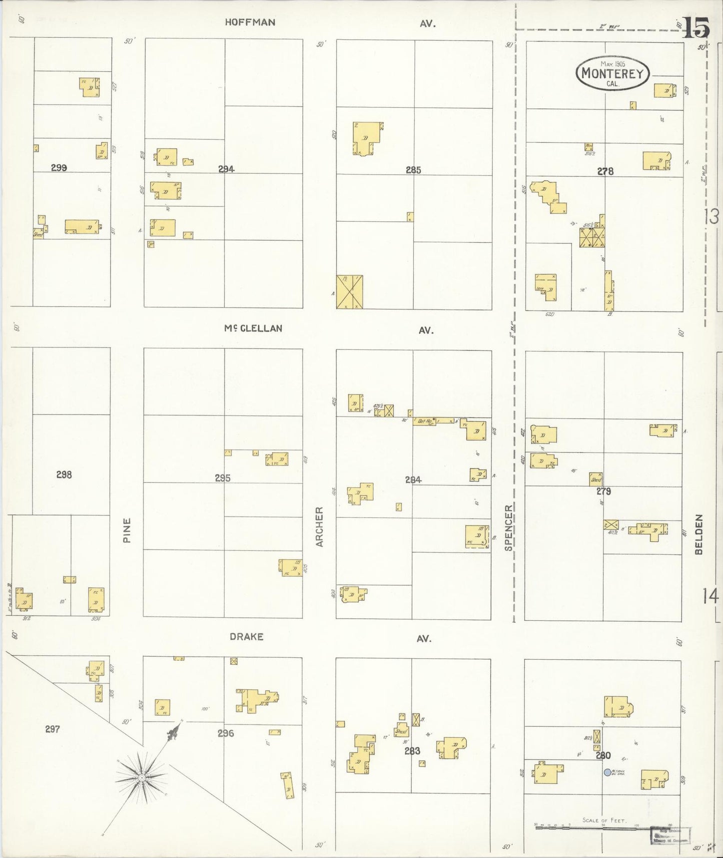 Sanborn Fire Insurance Map from Monterey, Monterey County, California (1905), Sheet #0015 - Complete Map Set gallery image, historic Sanborn map, vintage wall art, California California