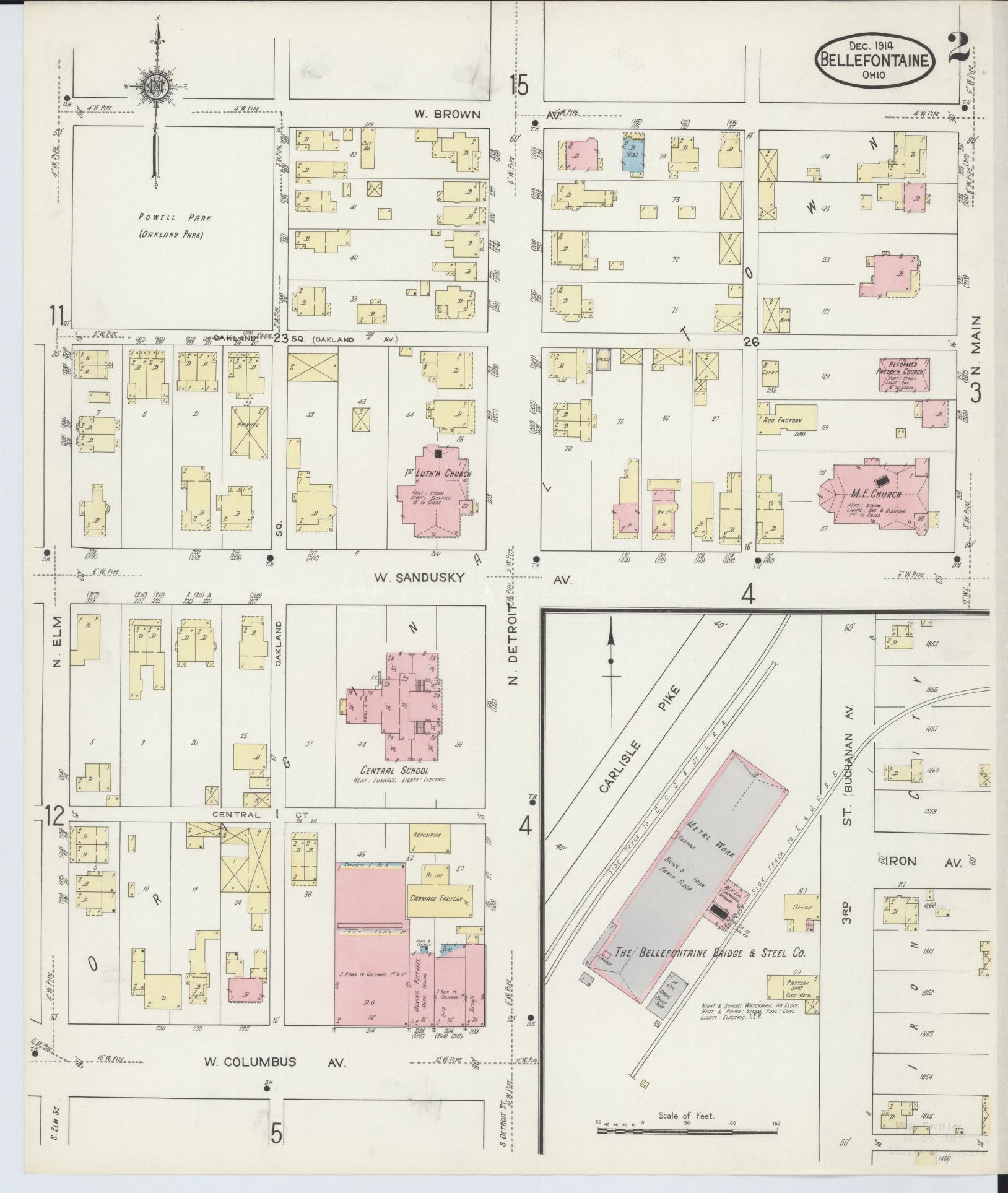 Sanborn Fire Insurance Map from Bellefontaine, Logan County, Ohio (1914), Sheet #0002 - Historic Sanborn Fire Insurance Map Print, vintage old map wall art, antique decor, genealogy gift, Ohio Ohio map