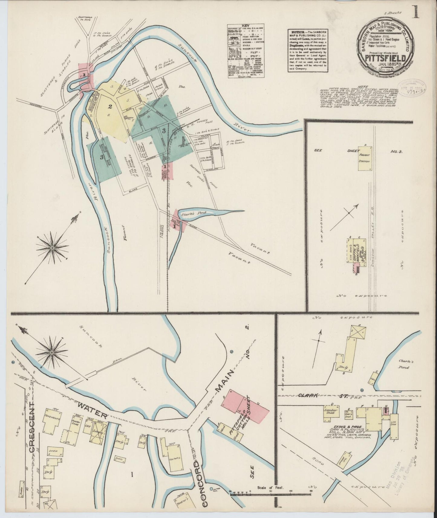 Sanborn Fire Insurance Map from Pittsfield, Merrimack County, New Hampshire (1885), Sheet #0001 - Complete Map Set gallery image, historic Sanborn map, vintage wall art, New Hampshire New Hampshire