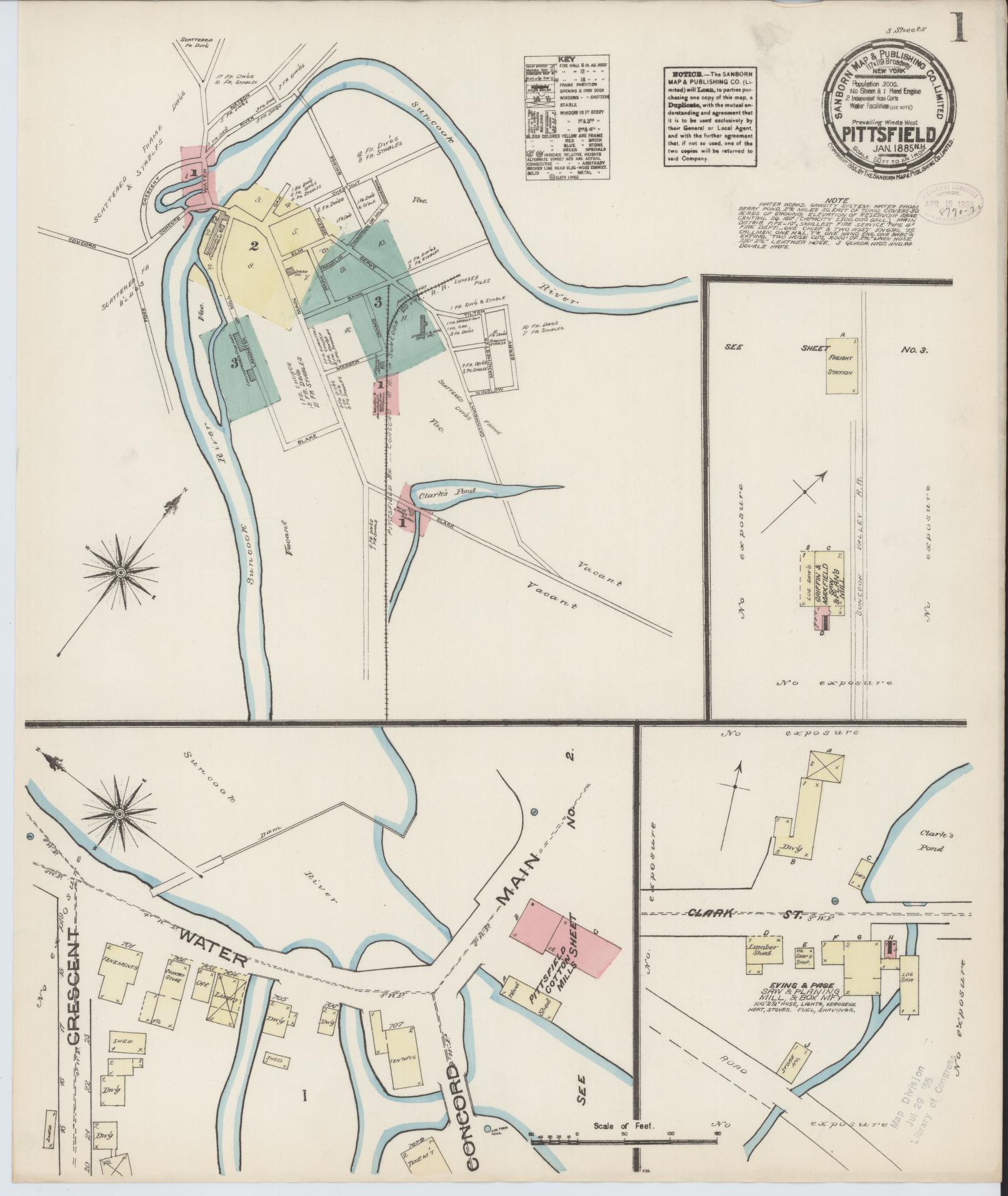 Sanborn Fire Insurance Map from Pittsfield, Merrimack County, New Hampshire (1885), Sheet #0001 - Complete Map Set gallery image, historic Sanborn map, vintage wall art, New Hampshire New Hampshire