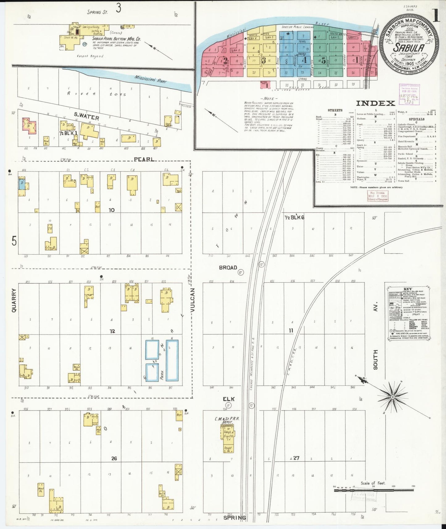 Sanborn Fire Insurance Map from Sabula, Jackson County, Iowa (1905), Sheet #0001 - Historic Sanborn Fire Insurance Map Print, vintage old map wall art