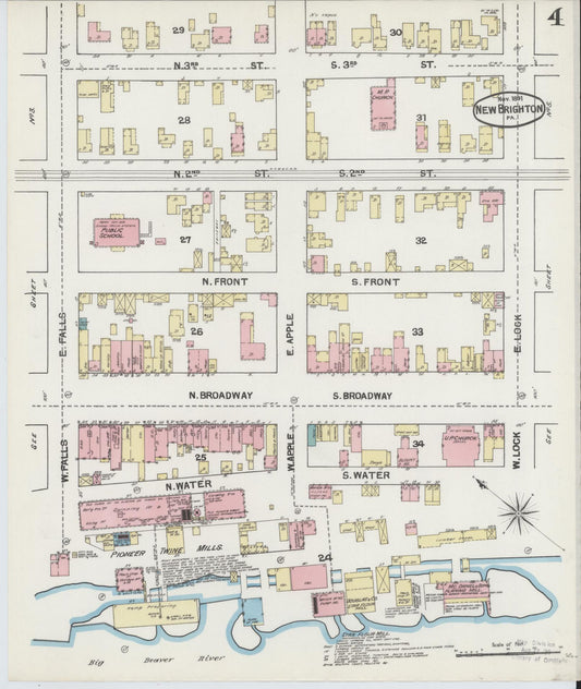 Sanborn Fire Insurance Map from New Brighton, Beaver County, Pennsylvania (1891), Sheet #0004 - Historic Sanborn Fire Insurance Map Print, vintage old map wall art, antique decor, genealogy gift, Pennsylvania Pennsylvania map