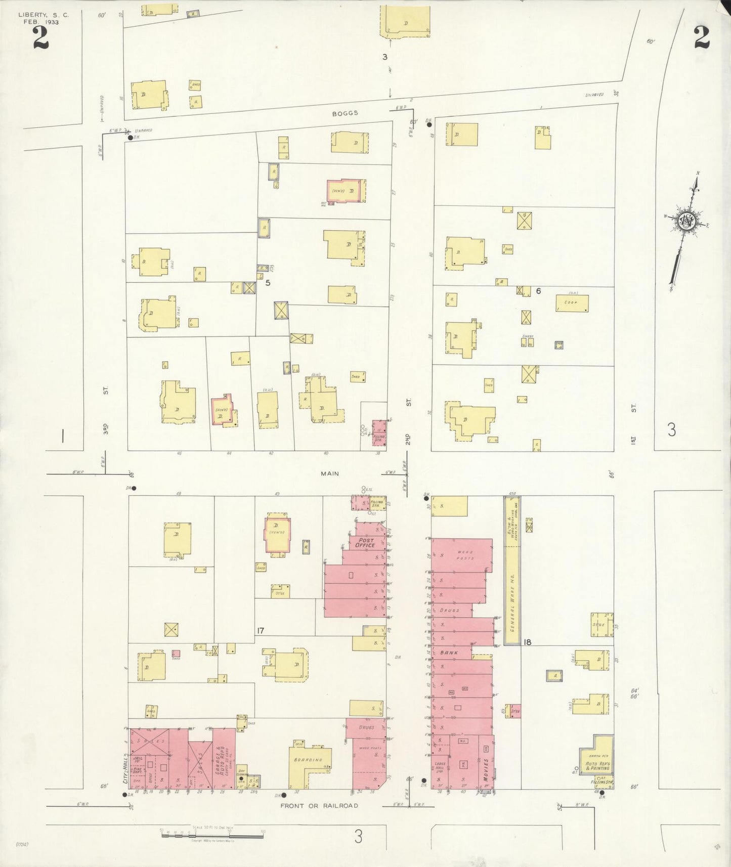 Sanborn Fire Insurance Map from Liberty, Pickens County, South Carolina (1933), Sheet #0002 - Historic Sanborn Fire Insurance Map Print, vintage old map wall art, antique decor, genealogy gift, South Carolina South Carolina map