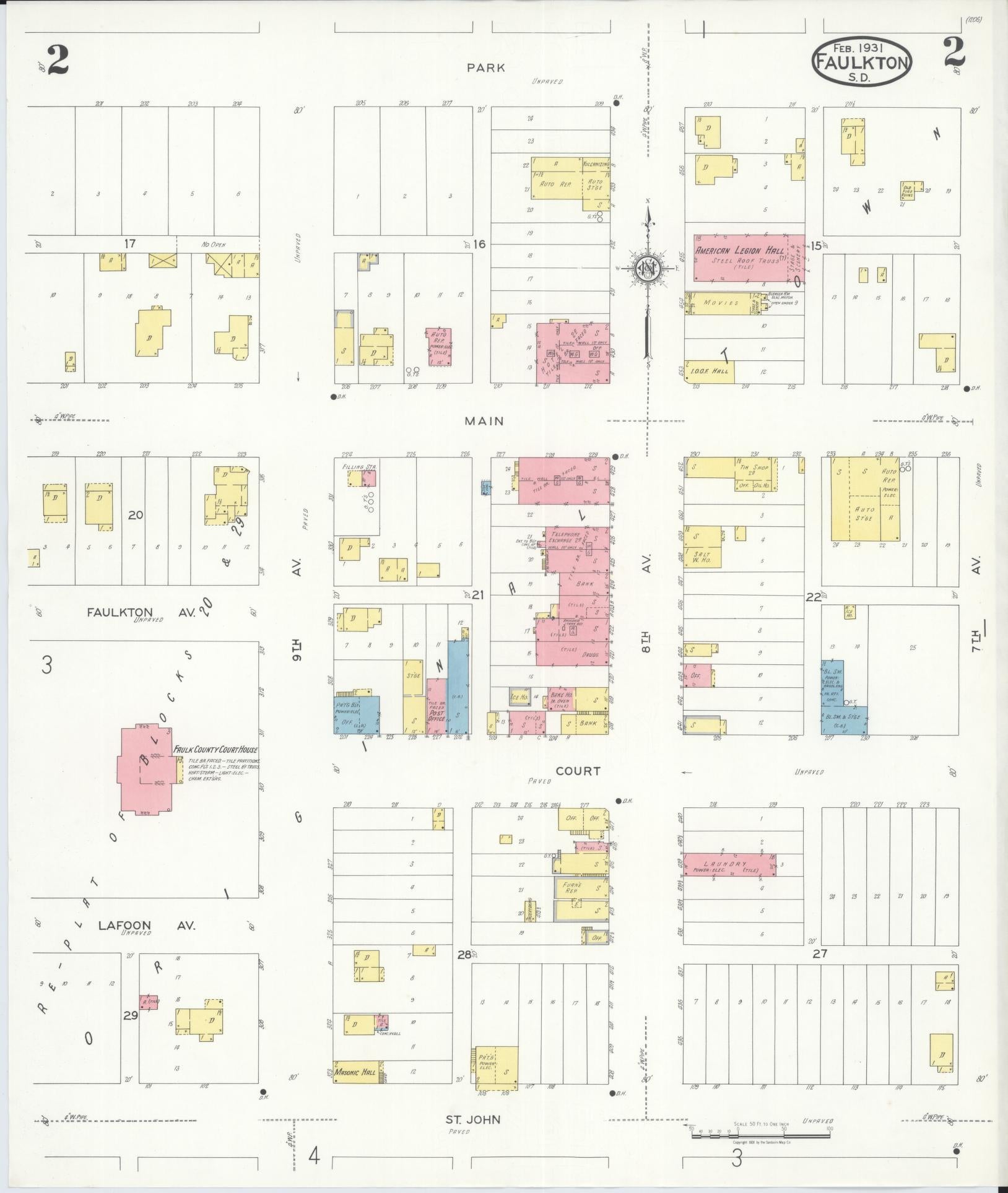 Sanborn Fire Insurance Map from Faulkton, Faulk County, South Dakota (1931), Sheet #0002 - Complete Map Set gallery image, historic Sanborn map, vintage wall art, South Dakota South Dakota