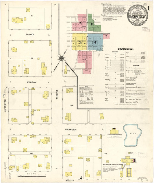 Sanborn Fire Insurance Map from Blooming Grove, Navarro County, Texas (1910), Sheet #0001 - Historic Sanborn Fire Insurance Map Print, vintage old map wall art, antique decor, genealogy gift, Texas Texas map