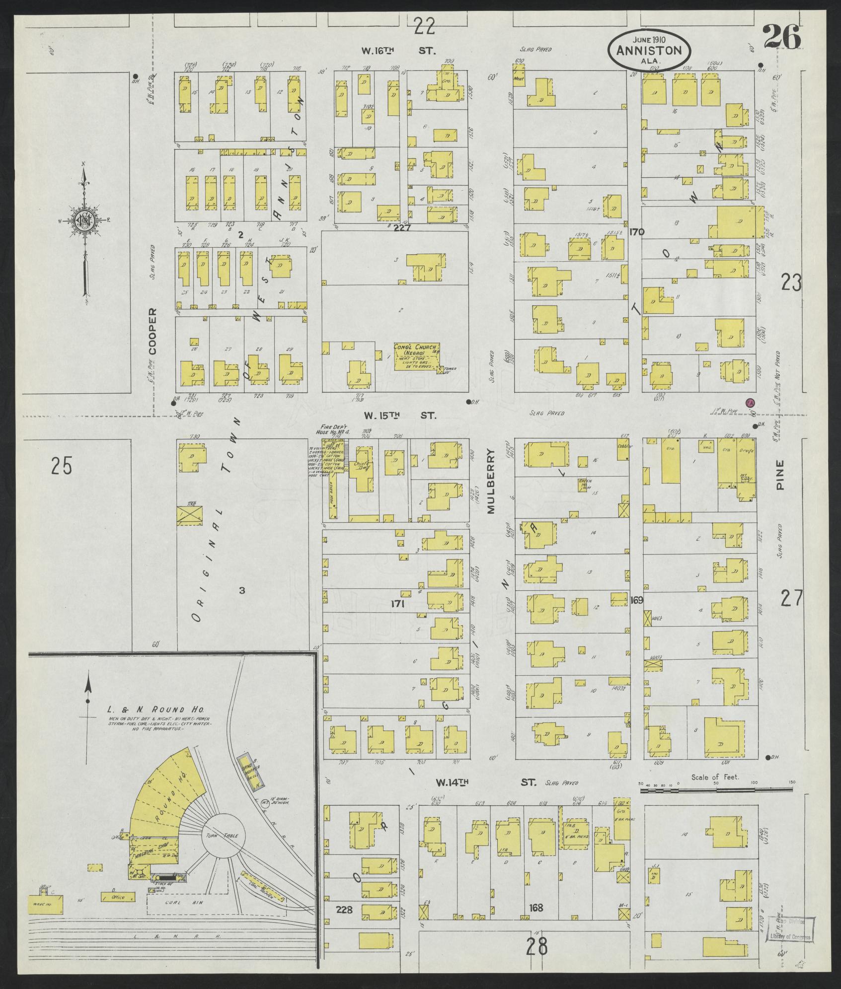 Sanborn Fire Insurance Map from Anniston, Calhoun County, Alabama (1910), Sheet #0026 - Historic Sanborn Fire Insurance Map Print, vintage old map wall art, antique decor, genealogy gift, Alabama Alabama map