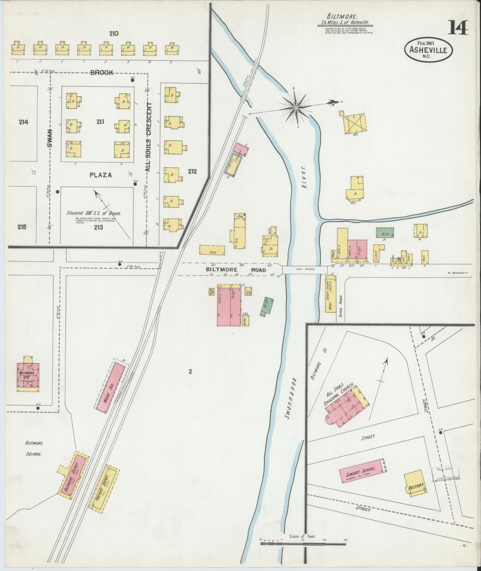 Sanborn Fire Insurance Map from Asheville, Buncombe County, North Carolina (1901), Sheet #0014 - Complete Map Set gallery image, historic Sanborn map, vintage wall art, North Carolina North Carolina