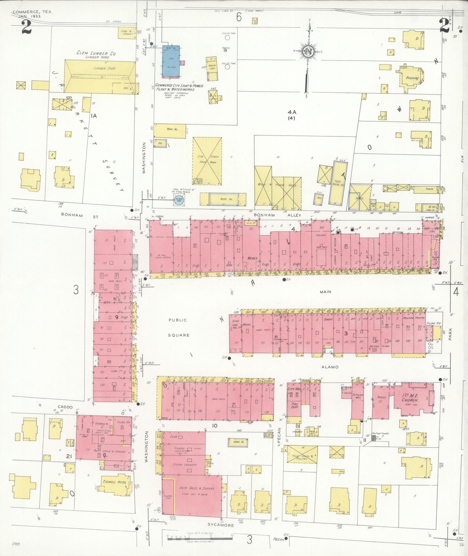 Sanborn Fire Insurance Map from Commerce, Hunt County, Texas (1933), Sheet #0002 - Historic Sanborn Fire Insurance Map Print, vintage old map wall art, antique decor, genealogy gift, Texas Texas map