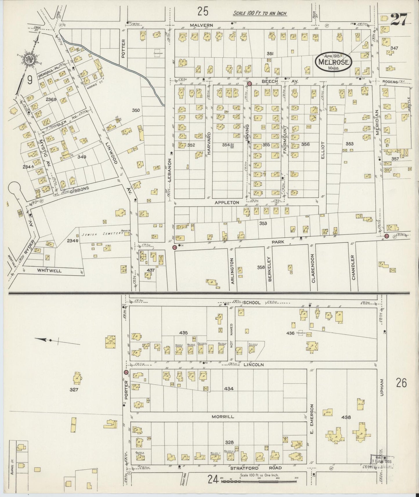 Sanborn Fire Insurance Map from Melrose, Middlesex County, Massachusetts (1915), Sheet #0027 - Historic Sanborn Fire Insurance Map Print, vintage old map wall art, antique decor, genealogy gift, Massachusetts Massachusetts map
