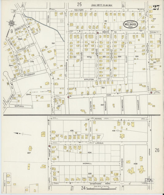 Sanborn Fire Insurance Map from Melrose, Middlesex County, Massachusetts (1915), Sheet #0027 - Historic Sanborn Fire Insurance Map Print, vintage old map wall art, antique decor, genealogy gift, Massachusetts Massachusetts map