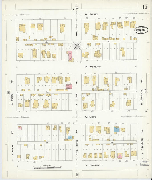 Sanborn Fire Insurance Map from Denison, Grayson County, Texas (1908), Sheet #0017 - Historic Sanborn Fire Insurance Map Print, vintage old map wall art, antique decor, genealogy gift, Texas Texas map