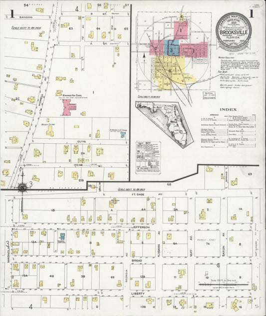 Sanborn Fire Insurance Map from Brooksville, Hernando County, Florida (1924), Sheet #0001 - Historic Sanborn Fire Insurance Map Print, vintage old map wall art, antique decor, genealogy gift, Florida Florida map