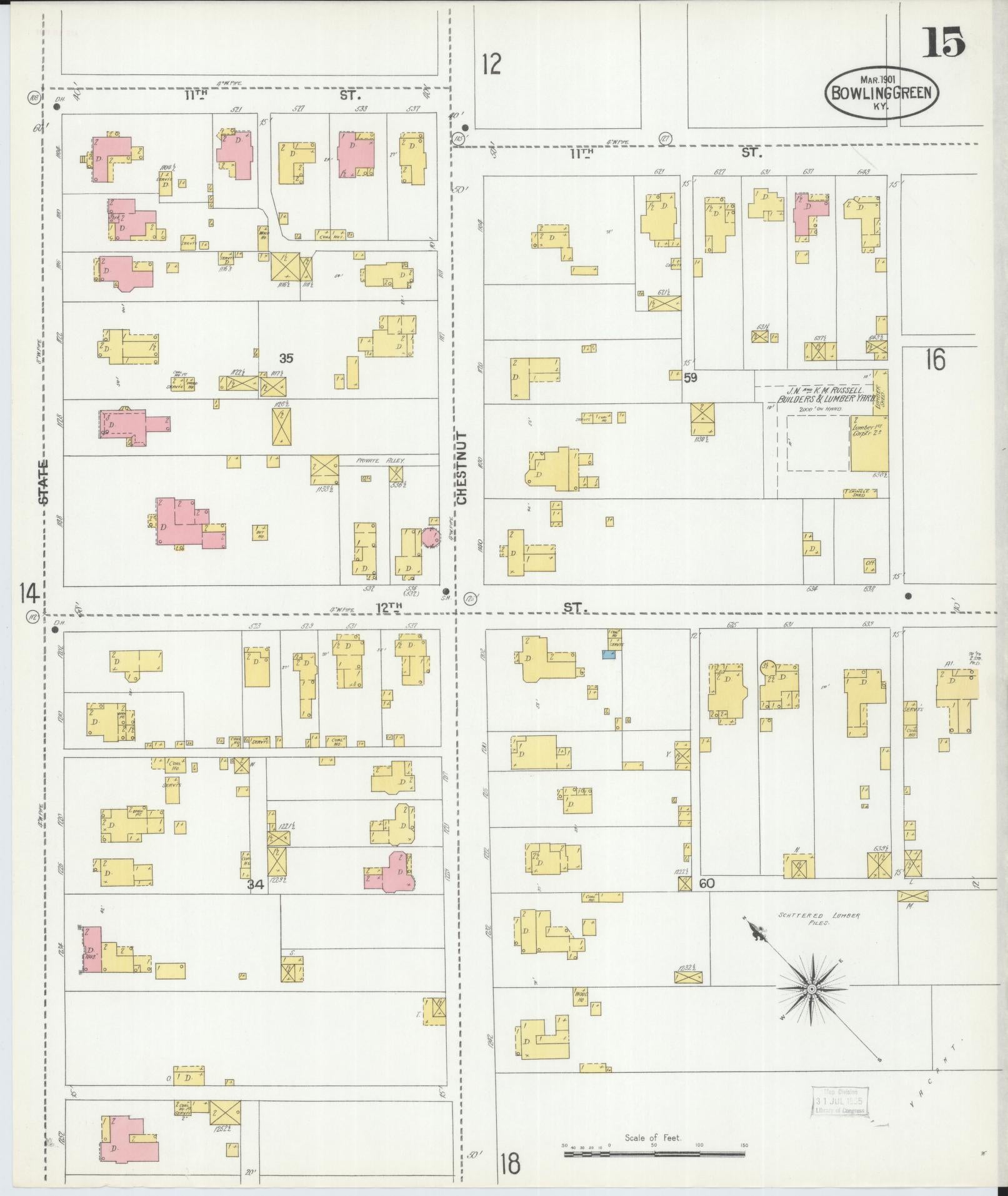 Sanborn Fire Insurance Map from Bowling Green, Warren County, Kentucky (1901), Sheet #0015 - Historic Sanborn Fire Insurance Map Print, vintage old map wall art, antique decor, genealogy gift, Kentucky Kentucky map