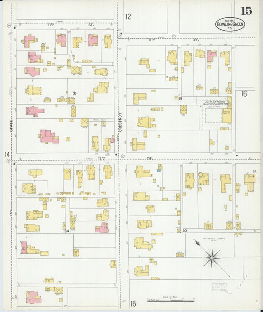 Sanborn Fire Insurance Map from Bowling Green, Warren County, Kentucky (1901), Sheet #0015 - Historic Sanborn Fire Insurance Map Print, vintage old map wall art, antique decor, genealogy gift, Kentucky Kentucky map