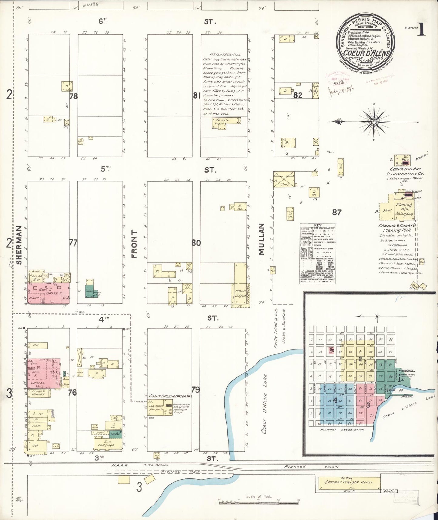 Sanborn Fire Insurance Map from Coeur D'alene, Kootenai County, Idaho (1896), Sheet #0001 - Historic Sanborn Fire Insurance Map Print, vintage old map wall art, antique decor, genealogy gift, Idaho Idaho map