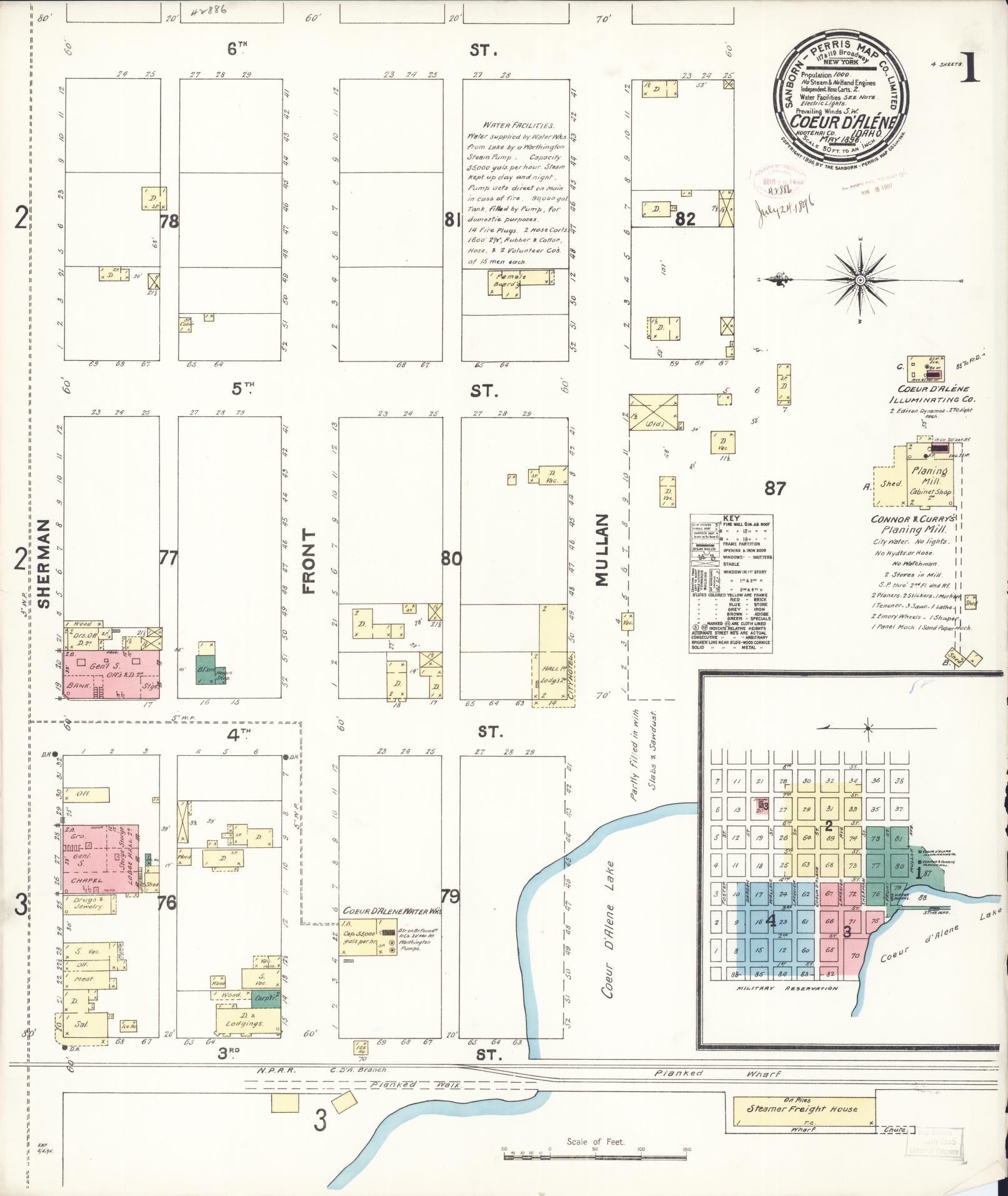 Sanborn Fire Insurance Map from Coeur D'alene, Kootenai County, Idaho (1896), Sheet #0001 - Historic Sanborn Fire Insurance Map Print, vintage old map wall art, antique decor, genealogy gift, Idaho Idaho map