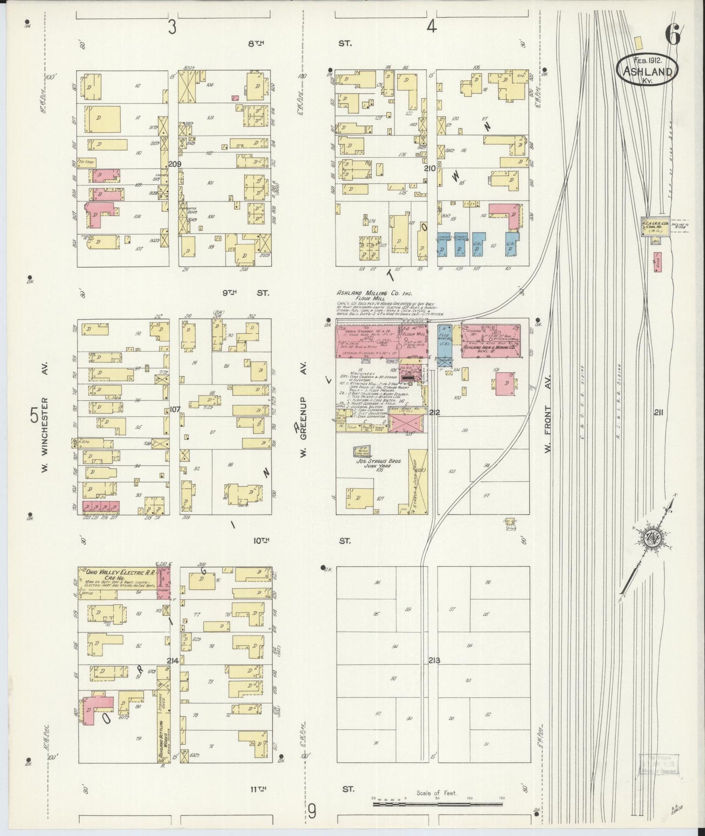 Sanborn Fire Insurance Map from Ashland, Boyd County, Kentucky (1912), Sheet #0006 - Historic Sanborn Fire Insurance Map Print, vintage old map wall art, antique decor, genealogy gift, Kentucky Kentucky map
