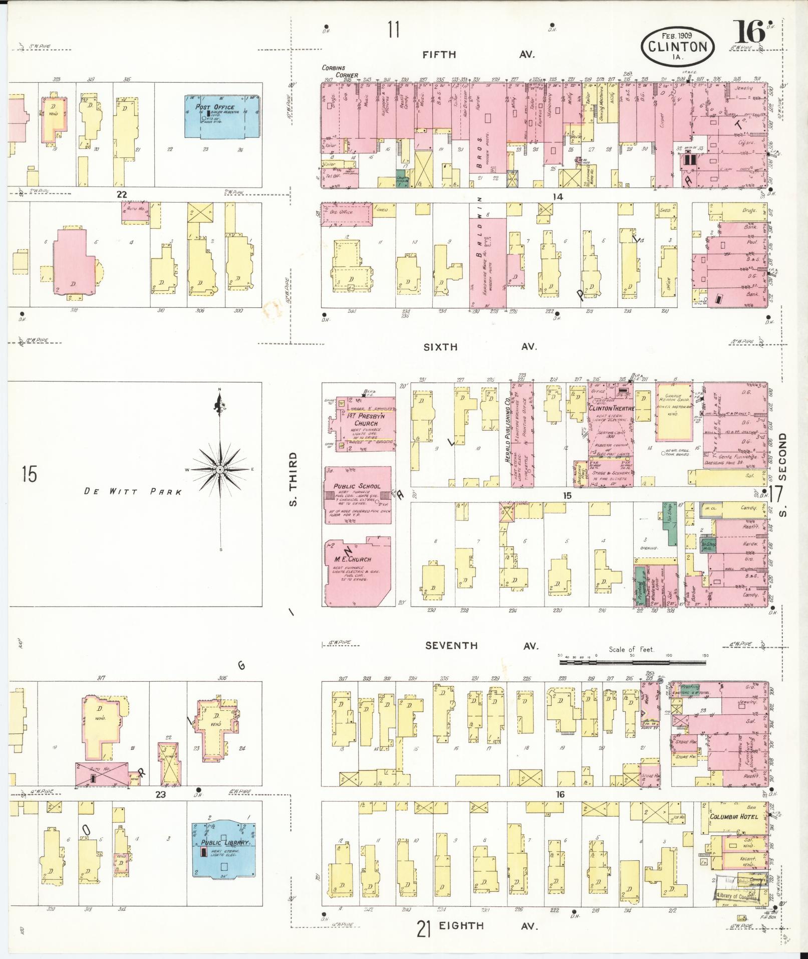 Sanborn Fire Insurance Map from Clinton, Clinton County, Iowa (1909), Sheet #0016 - Historic Sanborn Fire Insurance Map Print, vintage old map wall art