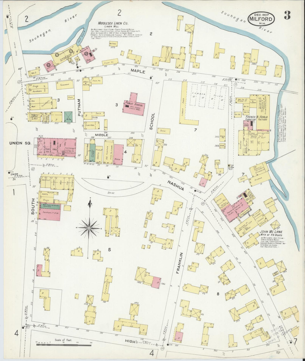 Sanborn Fire Insurance Map from Milford, Hillsborough County, New Hampshire (1907), Sheet #0003 - Complete Map Set gallery image, historic Sanborn map, vintage wall art, New Hampshire New Hampshire