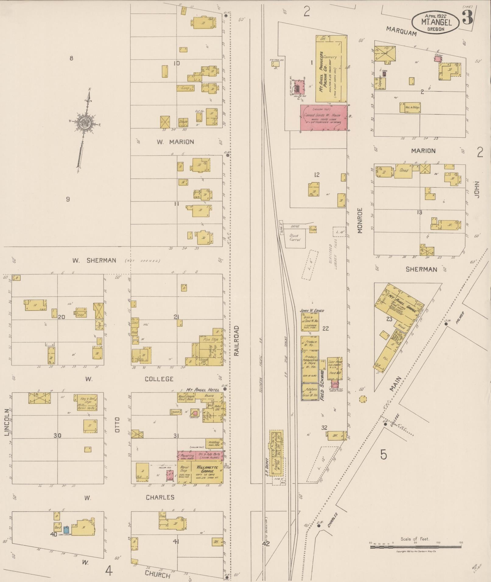 Sanborn Fire Insurance Map from Mount Angel, Marion County, Oregon (1922), Sheet #0003 - Complete Map Set gallery image, historic Sanborn map, vintage wall art, Oregon Oregon