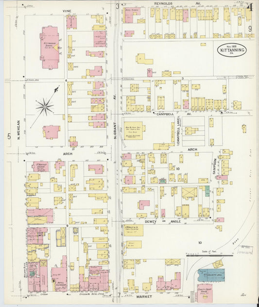 Sanborn Fire Insurance Map from Kittanning, Armstrong County, Pennsylvania (1909), Sheet #0004 - Historic Sanborn Fire Insurance Map Print, vintage old map wall art, antique decor, genealogy gift, Pennsylvania Pennsylvania map