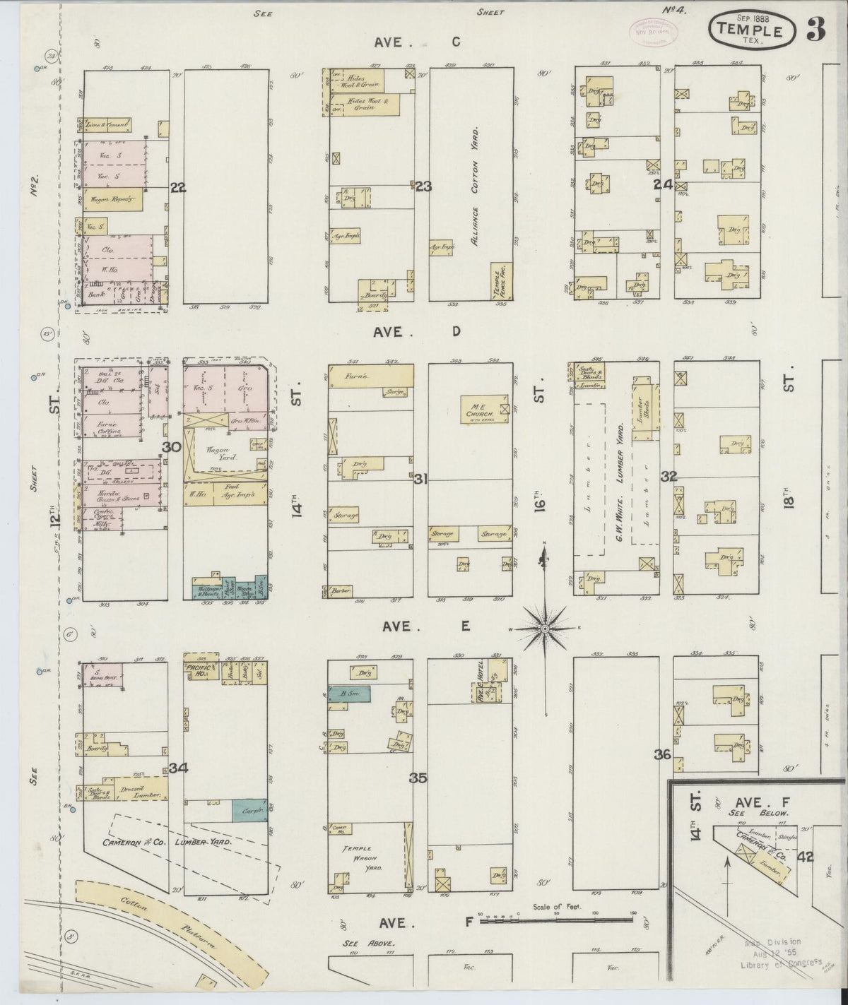 Sanborn Fire Insurance Map from Temple, Bell County, Texas (1888), Sheet #0003 - Historic Sanborn Fire Insurance Map Print, vintage old map wall art, antique decor, genealogy gift, Texas Texas map
