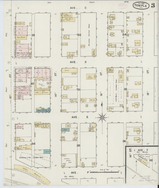 Sanborn Fire Insurance Map from Temple, Bell County, Texas (1888), Sheet #0003 - Historic Sanborn Fire Insurance Map Print, vintage old map wall art, antique decor, genealogy gift, Texas Texas map