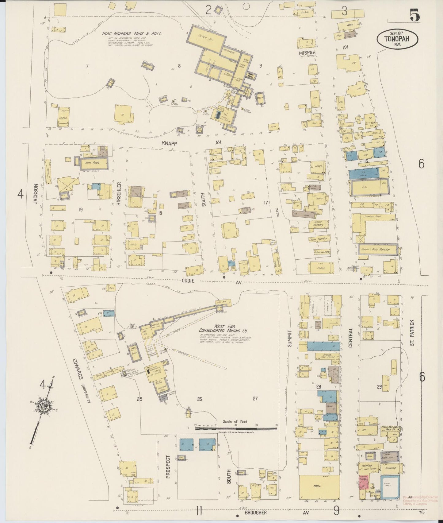 Sanborn Fire Insurance Map from Tonopah, Nye County, Nevada (1917), Sheet #0005 - Complete Map Set gallery image, historic Sanborn map, vintage wall art, Nevada Nevada