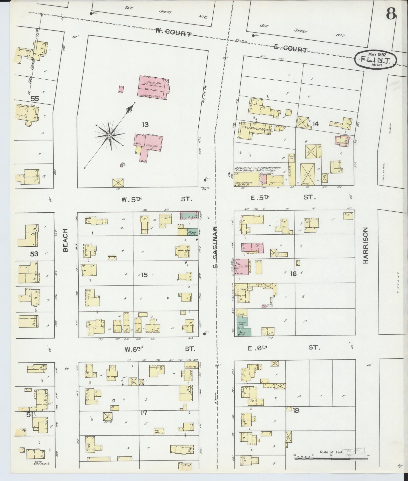 Sanborn Fire Insurance Map from Flint, Genesee County, Michigan (1892), Sheet #0008 - Historic Sanborn Fire Insurance Map Print, vintage old map wall art, antique decor, genealogy gift, Michigan Michigan map