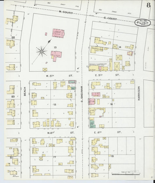 Sanborn Fire Insurance Map from Flint, Genesee County, Michigan (1892), Sheet #0008 - Historic Sanborn Fire Insurance Map Print, vintage old map wall art, antique decor, genealogy gift, Michigan Michigan map
