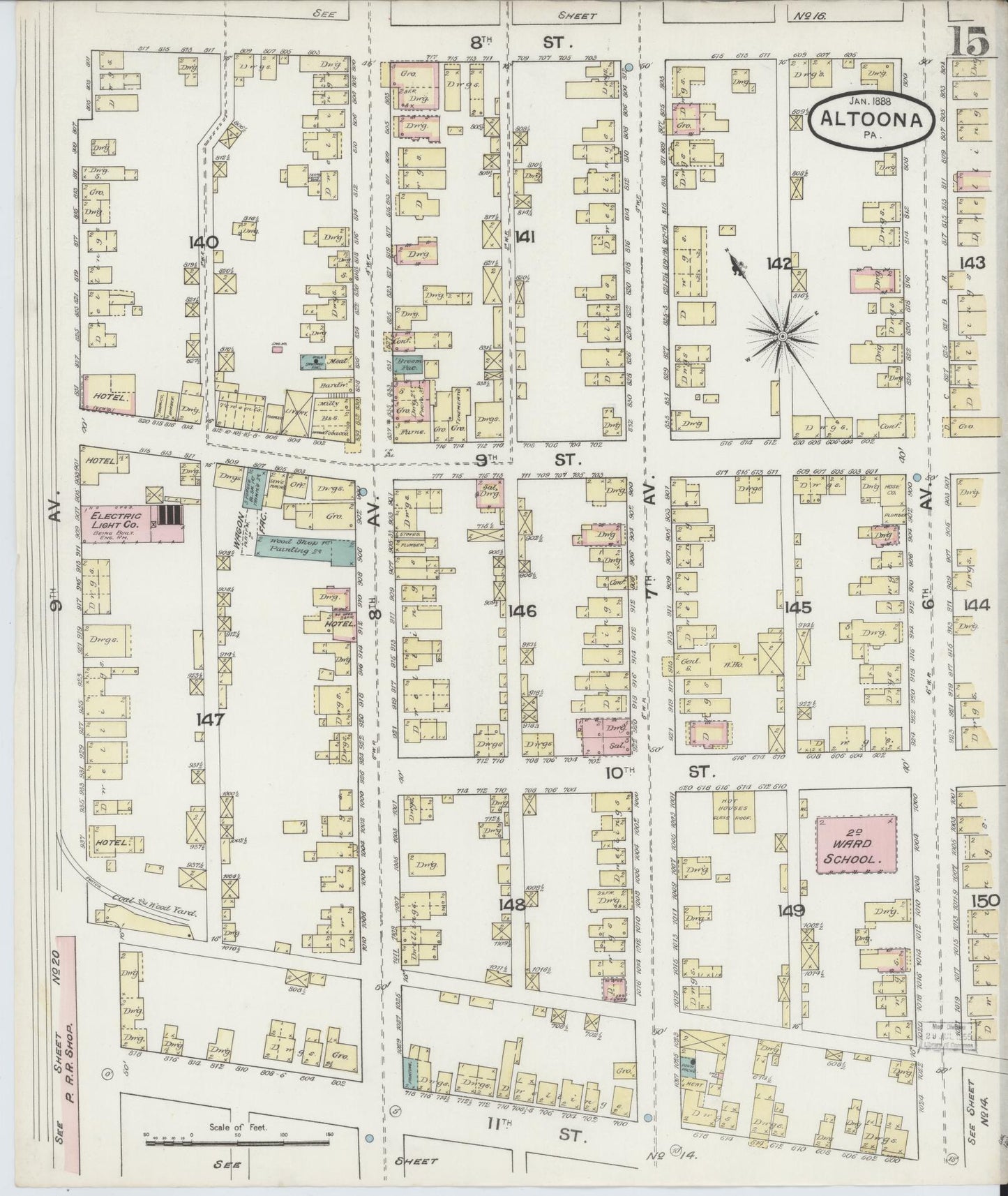 Sanborn Fire Insurance Map from Altoona, Blair County, Pennsylvania (1888), Sheet #0015 - Historic Sanborn Fire Insurance Map Print, vintage old map wall art, antique decor, genealogy gift, Pennsylvania Pennsylvania map