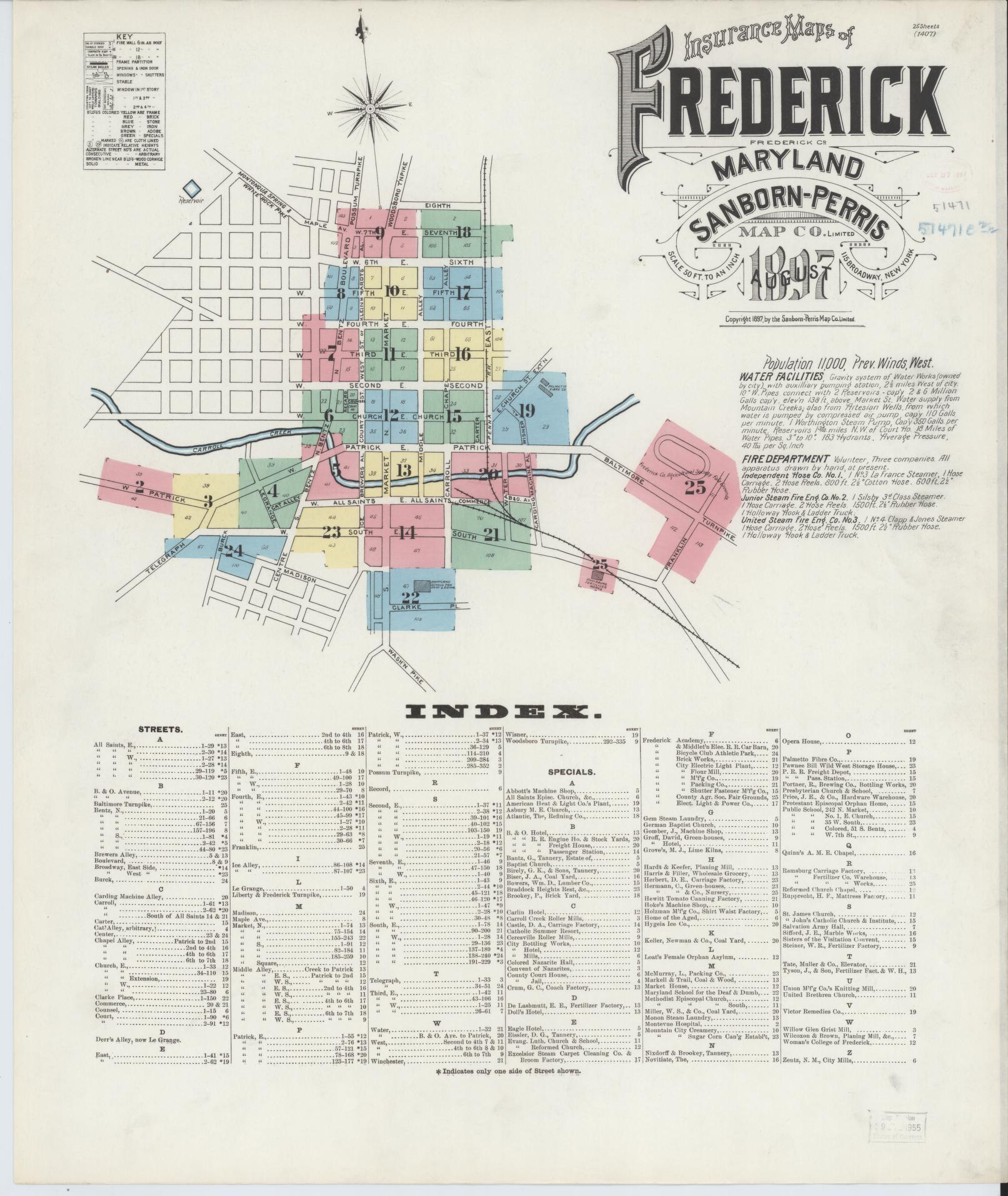 Sanborn Fire Insurance Map from Frederick, Frederick County, Maryland (1897), Sheet #0001 - Complete Map Set gallery image, historic Sanborn map, vintage wall art, Maryland Maryland