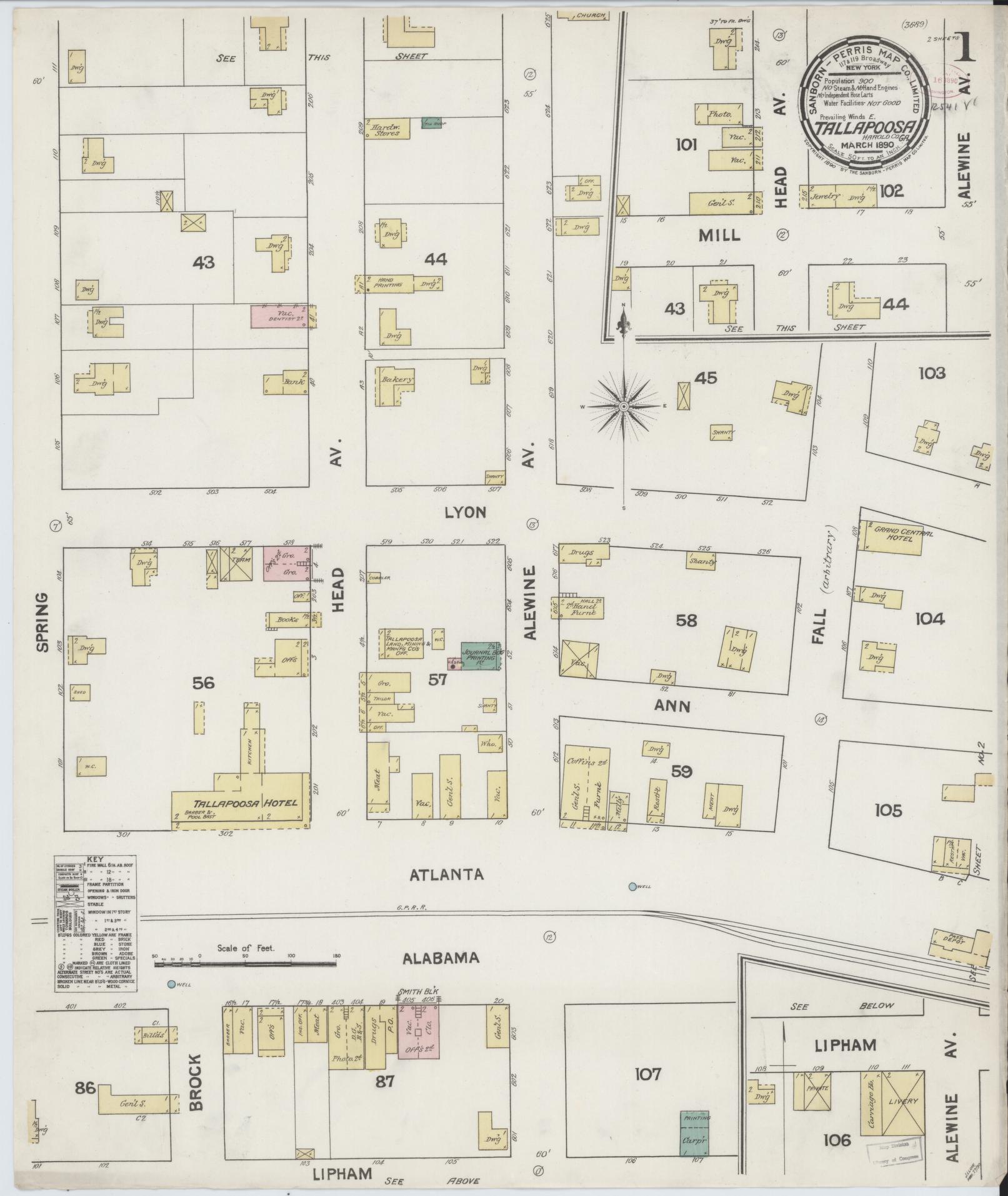 Sanborn Fire Insurance Map from Tallapoosa, Haralson County, Georgia (1890), Sheet #0001 - Complete Map Set gallery image, historic Sanborn map, vintage wall art, Georgia Georgia