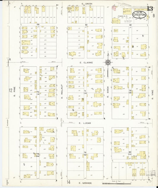 Sanborn Fire Insurance Map from Creston, Union County, Iowa (1913), Sheet #0013 - Historic Sanborn Fire Insurance Map Print, vintage old map wall art