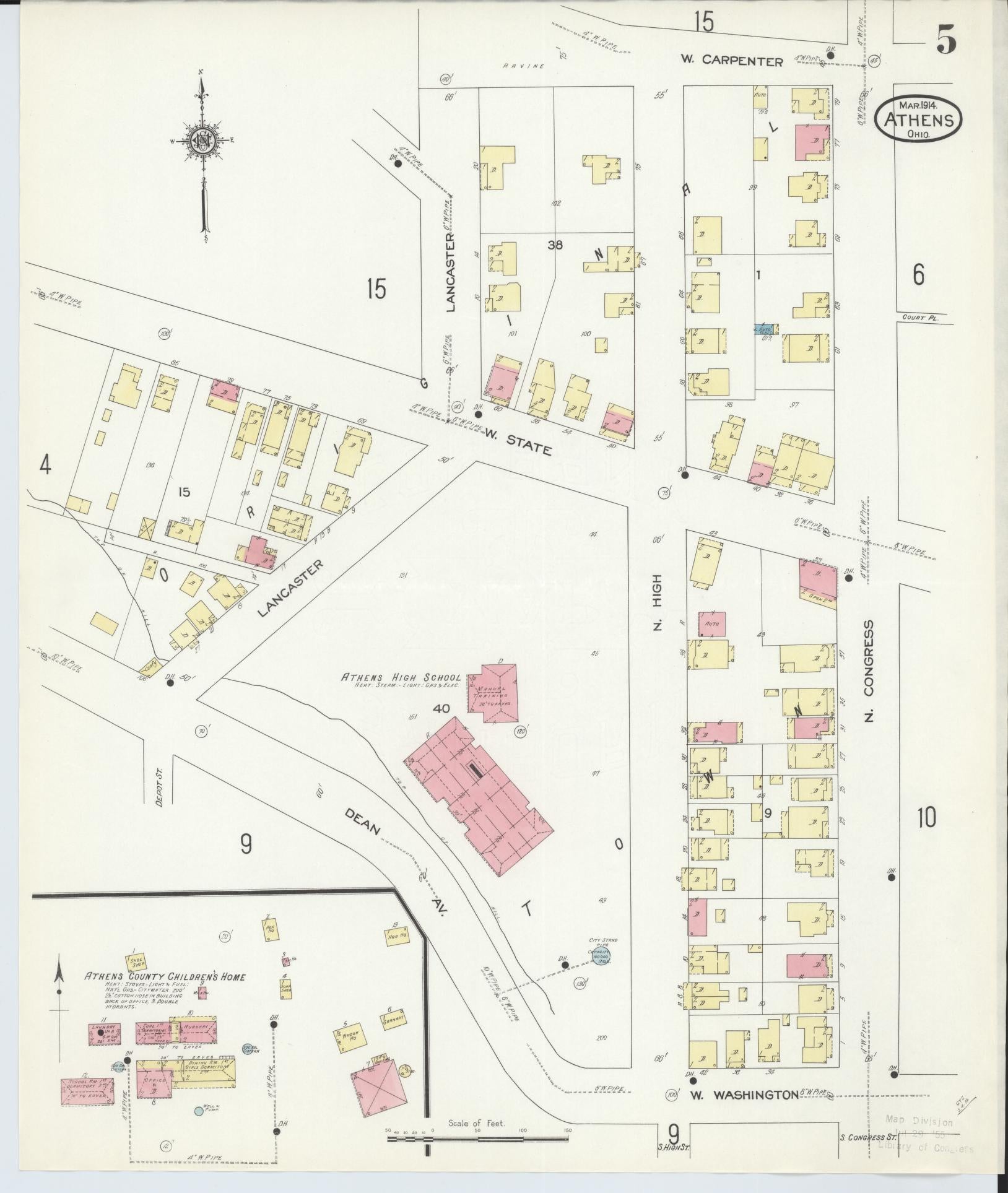 Sanborn Fire Insurance Map from Athens, Athens County, Ohio (1914), Sheet #0005 - Historic Sanborn Fire Insurance Map Print, vintage old map wall art, antique decor, genealogy gift, Ohio Ohio map