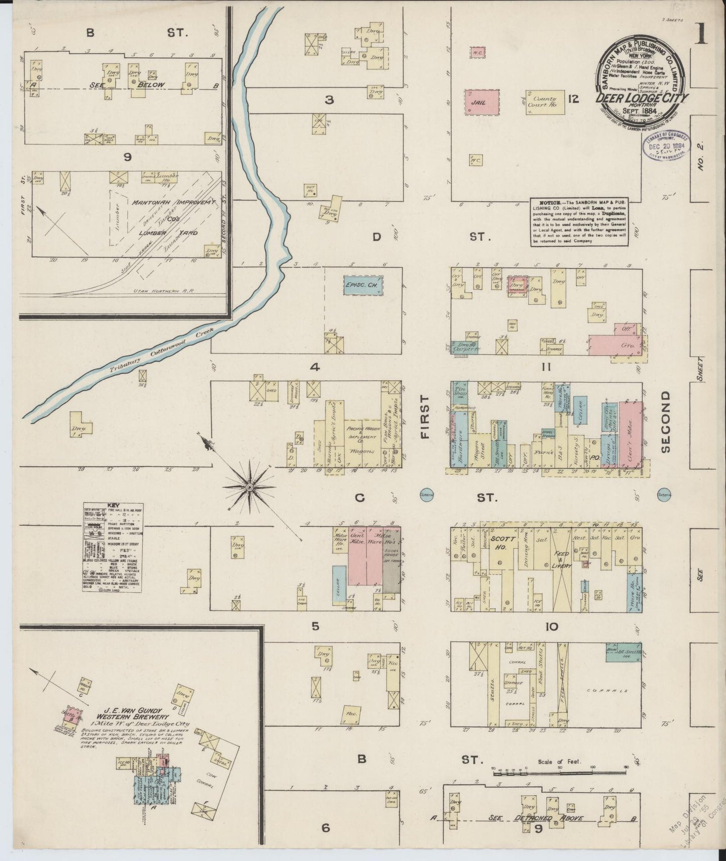 Sanborn Fire Insurance Map from Deer Lodge, Powell County, Montana (1884), Sheet #0001 - Complete Map Set gallery image, historic Sanborn map, vintage wall art, Montana Montana