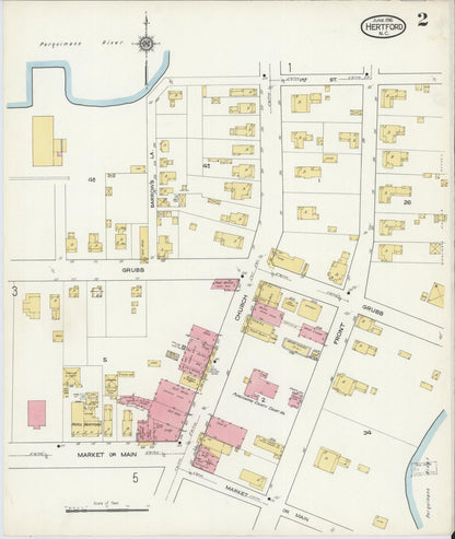 Sanborn Fire Insurance Map from Hertford, Perquimans County, North Carolina (1916), Sheet #0002 - Historic Sanborn Fire Insurance Map Print, vintage old map wall art, antique decor, genealogy gift, North Carolina North Carolina map