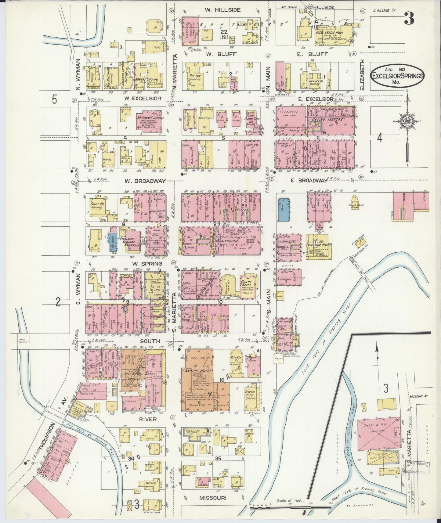 Sanborn Fire Insurance Map from Excelsior Springs, Clay County, Missouri (1913), Sheet #0003 - Complete Map Set gallery image, historic Sanborn map, vintage wall art, Missouri Missouri