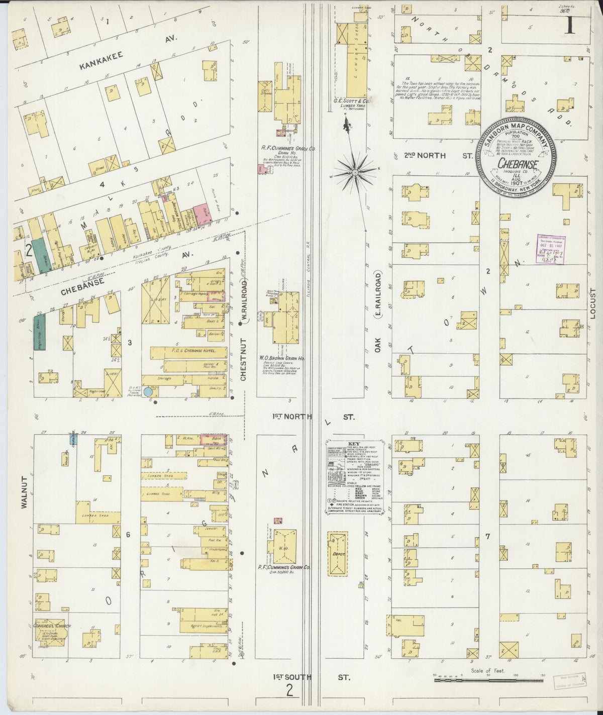 Sanborn Fire Insurance Map from Chebanse, Iroquois And Kankakee County, Illinois (1907), Sheet #0001 - Historic Sanborn Fire Insurance Map Print, vintage old map wall art, antique decor, genealogy gift, Illinois Illinois map