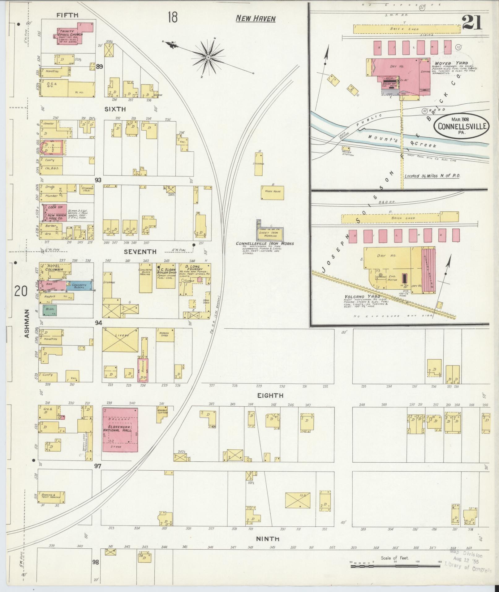 Sanborn Fire Insurance Map from Connellsville, Fayette County, Pennsylvania (1908), Sheet #0021 - Historic Sanborn Fire Insurance Map Print, vintage old map wall art, antique decor, genealogy gift, Pennsylvania Pennsylvania map