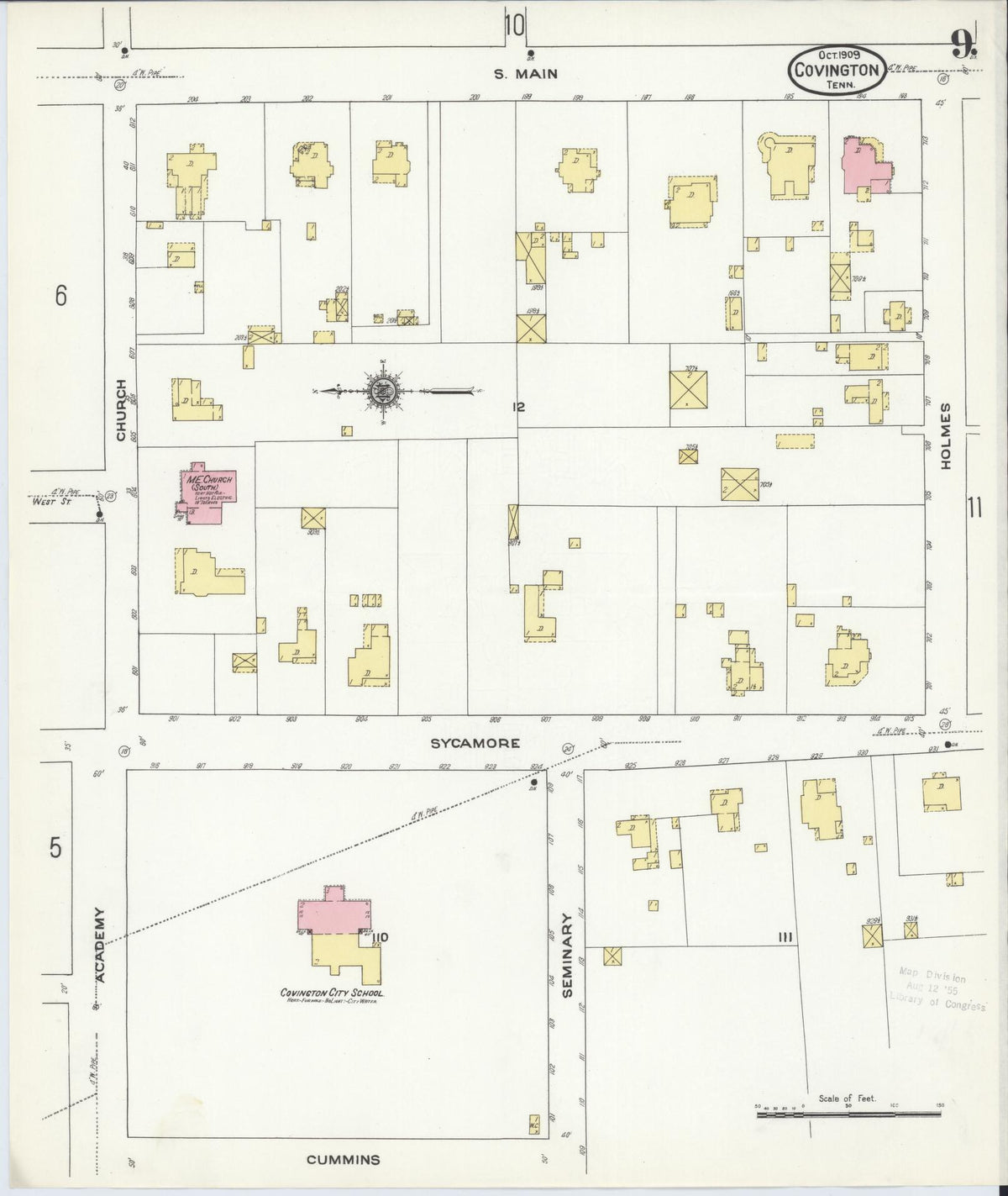 Sanborn Fire Insurance Map from Covington, Tipton County, Tennessee (1909), Sheet #0009 - Complete Map Set gallery image, historic Sanborn map, vintage wall art, Tennessee Tennessee