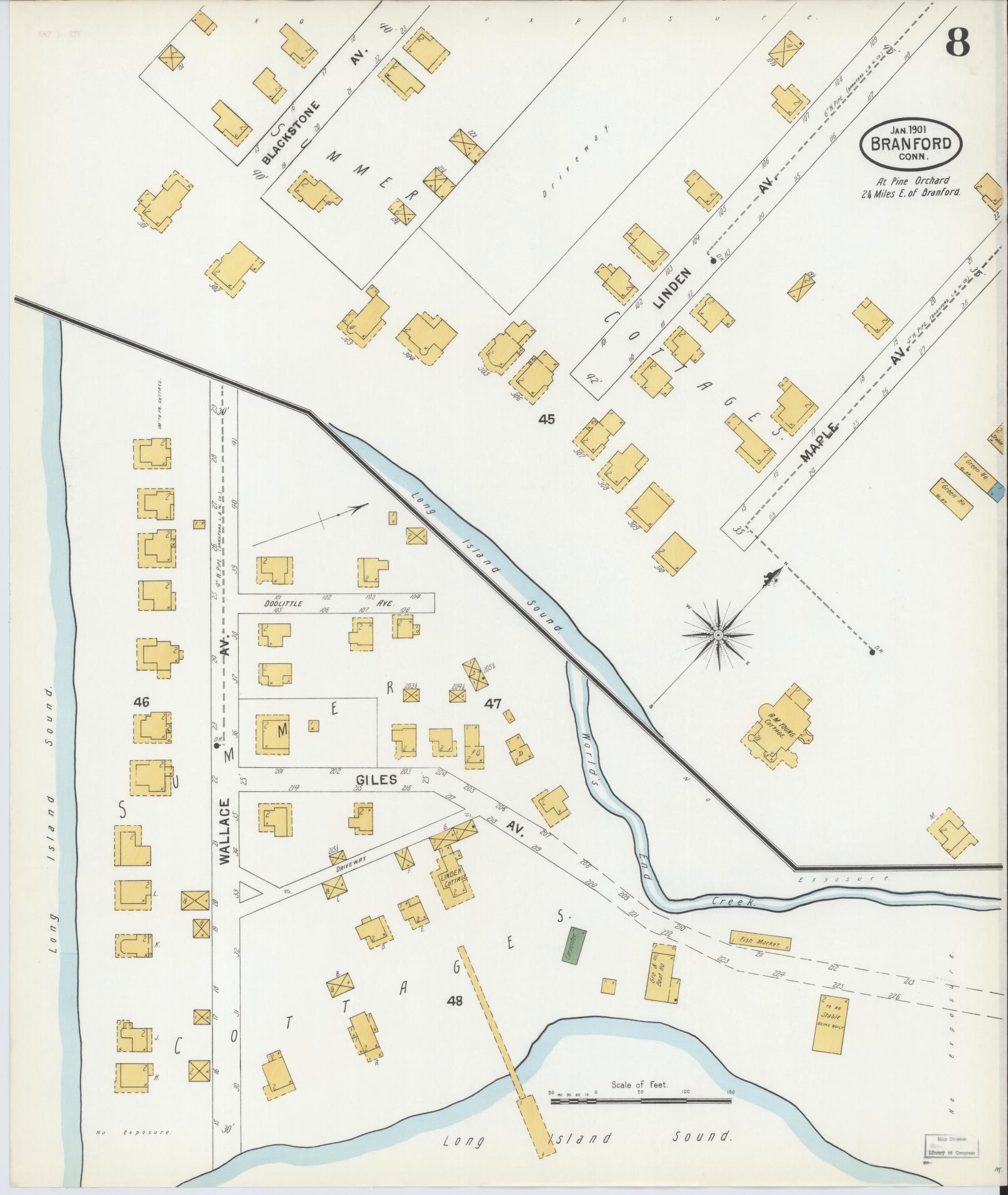 Sanborn Fire Insurance Map from Branford, New Haven County, Connecticut (1901), Sheet #0008 - Complete Map Set gallery image, historic Sanborn map, vintage wall art, Connecticut Connecticut