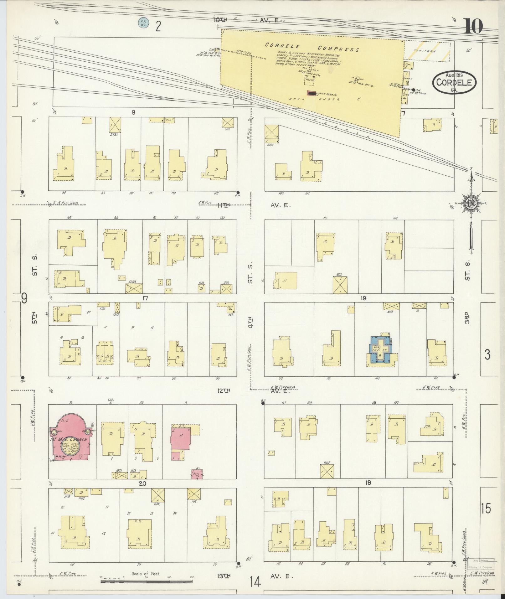 Sanborn Fire Insurance Map from Cordele, Crisp County, Georgia (1913), Sheet #0010 - Historic Sanborn Fire Insurance Map Print, vintage old map wall art, antique decor, genealogy gift, Georgia Georgia map
