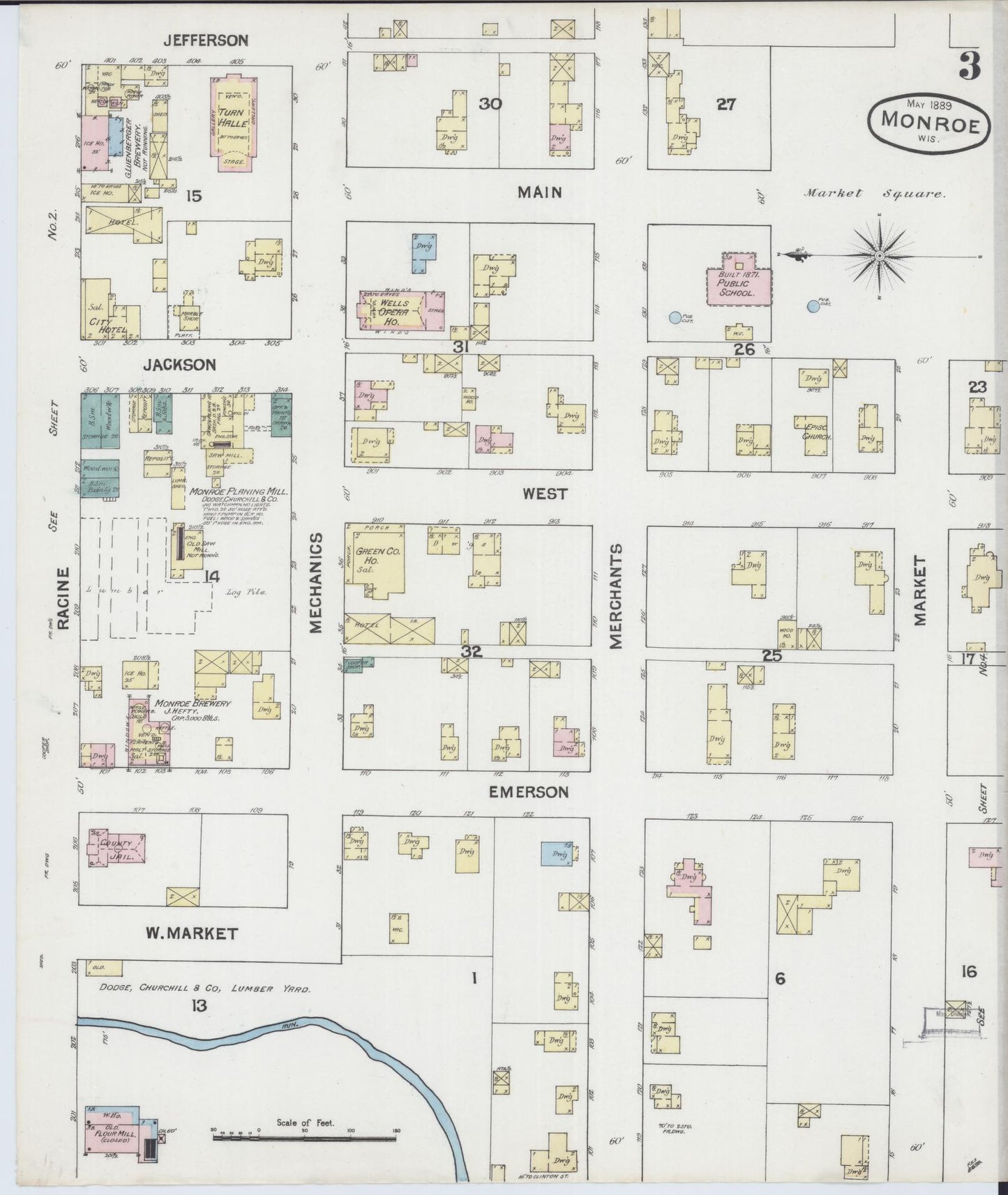 Sanborn Fire Insurance Map from Monroe, Green County, Wisconsin (1889), Sheet #0003 - Complete Map Set gallery image, historic Sanborn map, vintage wall art, Wisconsin Wisconsin