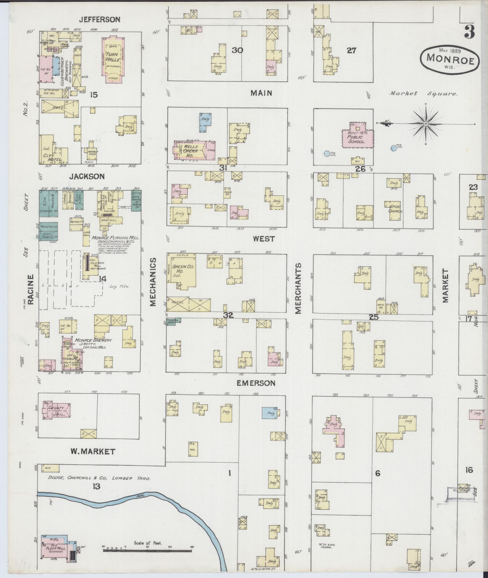 Sanborn Fire Insurance Map from Monroe, Green County, Wisconsin (1889), Sheet #0003 - Complete Map Set gallery image, historic Sanborn map, vintage wall art, Wisconsin Wisconsin