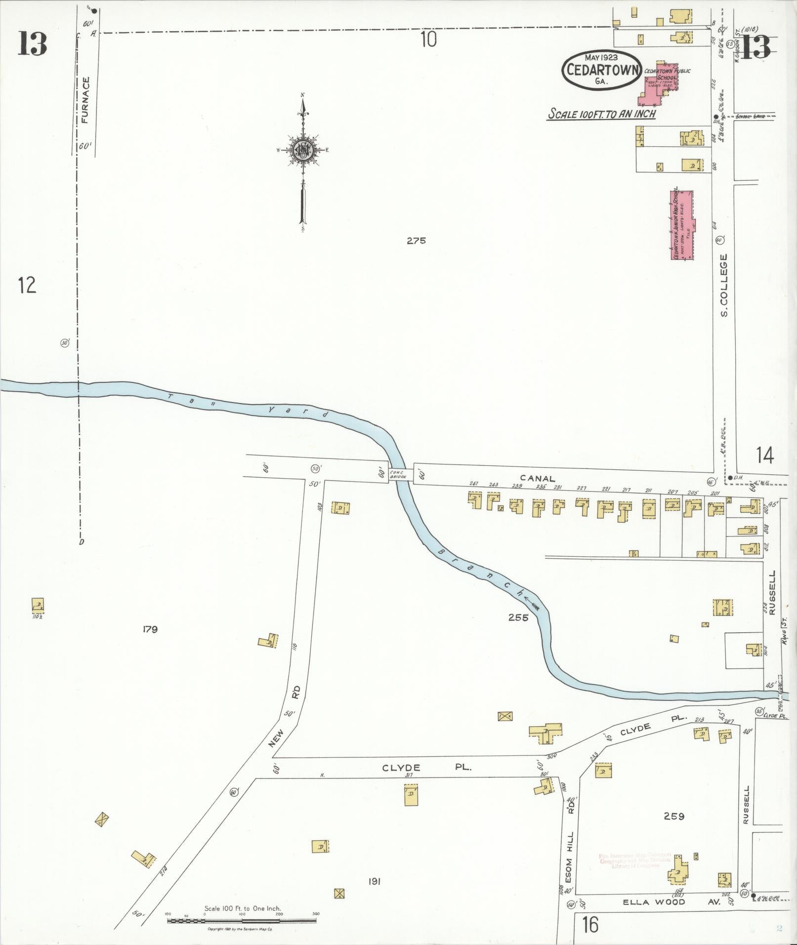Sanborn Fire Insurance Map from Cedartown, Polk County, Georgia (1923), Sheet #0013 - Historic Sanborn Fire Insurance Map Print, vintage old map wall art, antique decor, genealogy gift, Georgia Georgia map