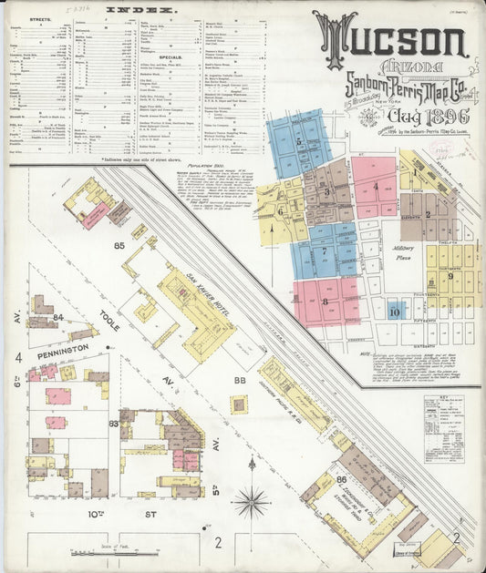 Sanborn Fire Insurance Map from Tucson, Pima County, Arizona (1896), Sheet #0001 - Historic Sanborn Fire Insurance Map Print, vintage old map wall art, antique decor, genealogy gift, Arizona Arizona map
